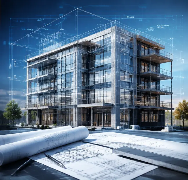 Completed building overlaid with its dimensional engineering drawings